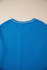 Sky Blue Lace Floral Patchwork Sleeve Stitching V Neck Rib Knit Blouse - MarkoFit