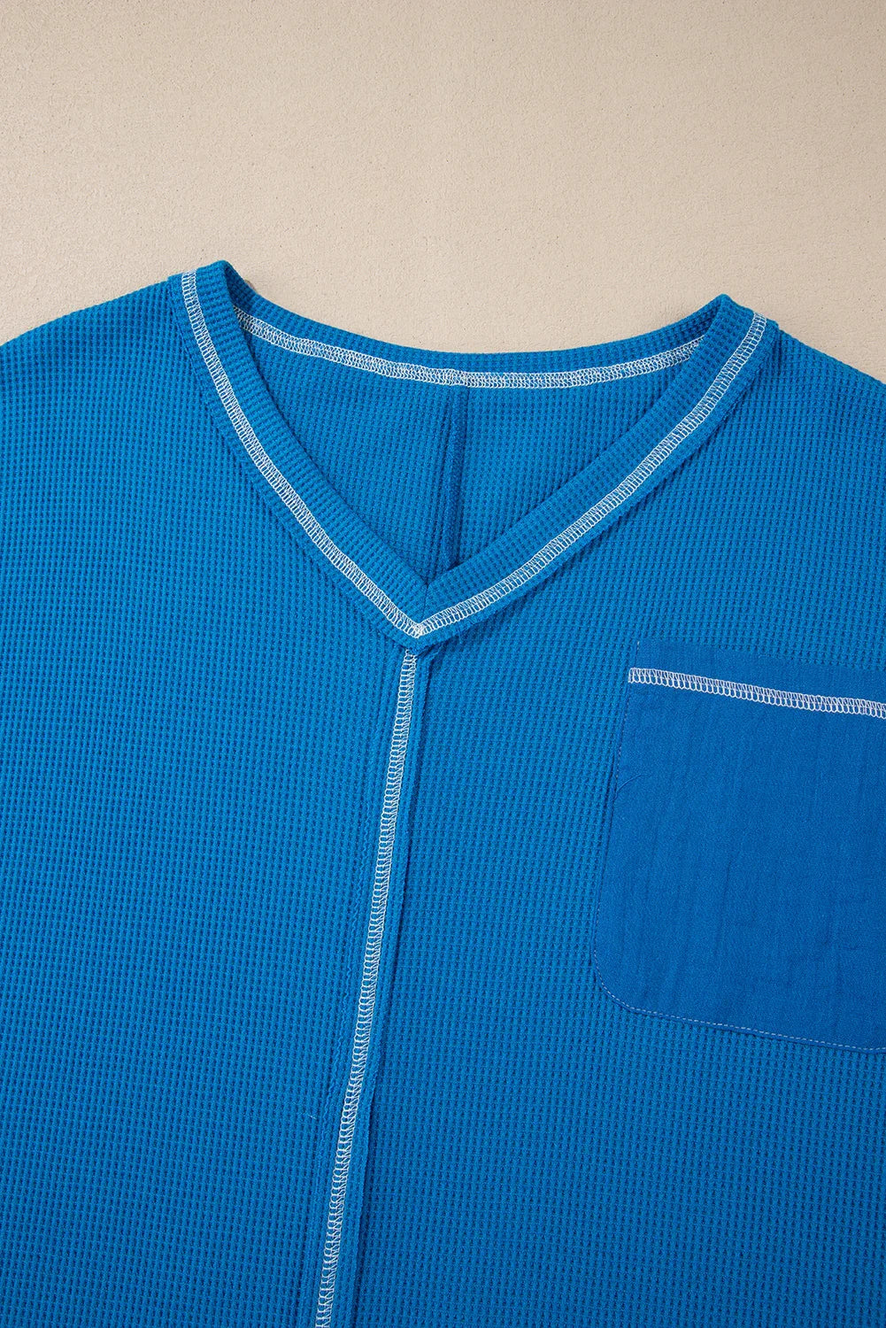 Sky Blue Lace Floral Patchwork Sleeve Stitching V Neck Rib Knit Blouse - MarkoFit