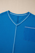 Sky Blue Lace Floral Patchwork Sleeve Stitching V Neck Rib Knit Blouse - MarkoFit