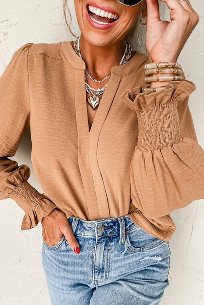Straw Yellow Solid Color Shirred Cuff Notch V Neck Blouse - MarkoFit