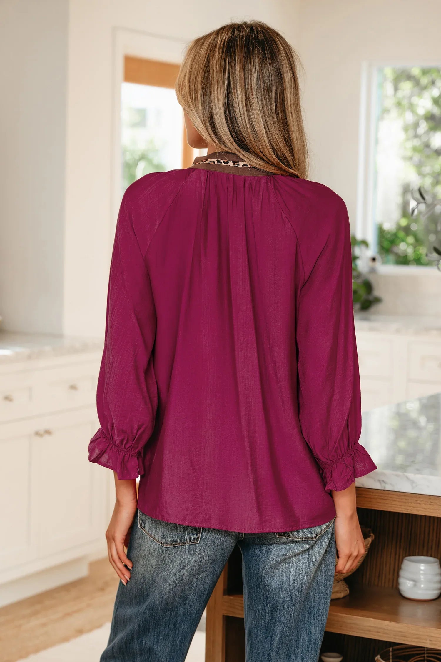Violet Leopard Trim V Neck Flounced Bracelet Sleeve Blouse - MarkoFit
