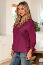 Violet Leopard Trim V Neck Flounced Bracelet Sleeve Blouse - MarkoFit
