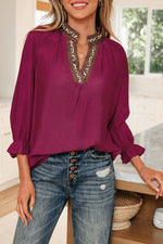 Violet Leopard Trim V Neck Flounced Bracelet Sleeve Blouse - MarkoFit