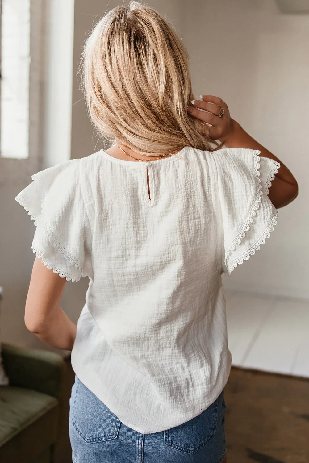 White Crinkled Layered Ruffled Flutter Sleeve Blouse - MarkoFit