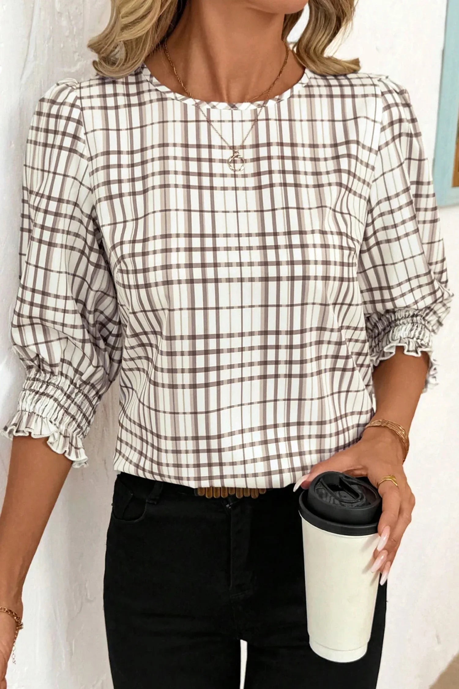 White Plaid Print Frilled Puffy Half Sleeve Blouse - MarkoFit