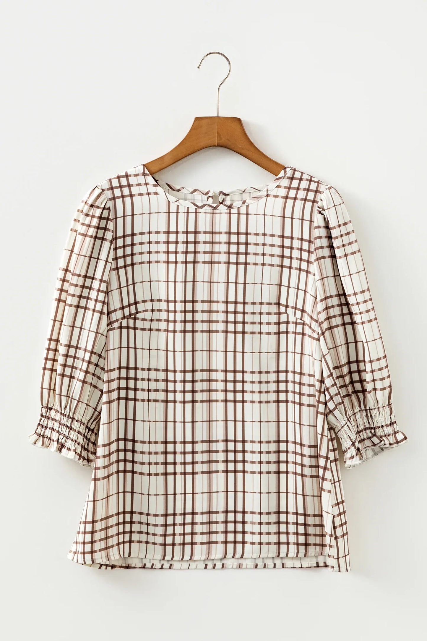 White Plaid Print Frilled Puffy Half Sleeve Blouse - MarkoFit