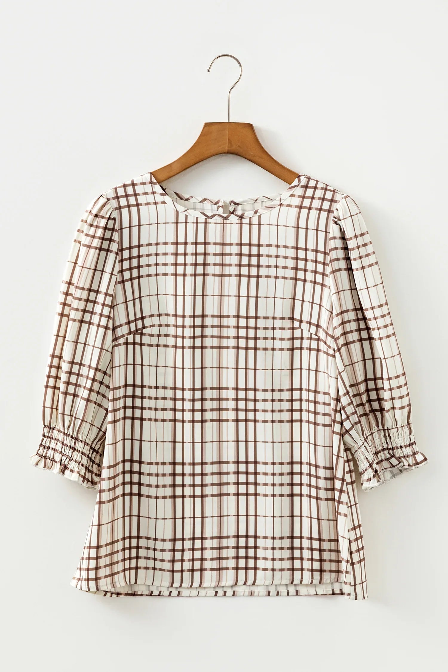 White Plaid Print Frilled Puffy Half Sleeve Blouse - MarkoFit