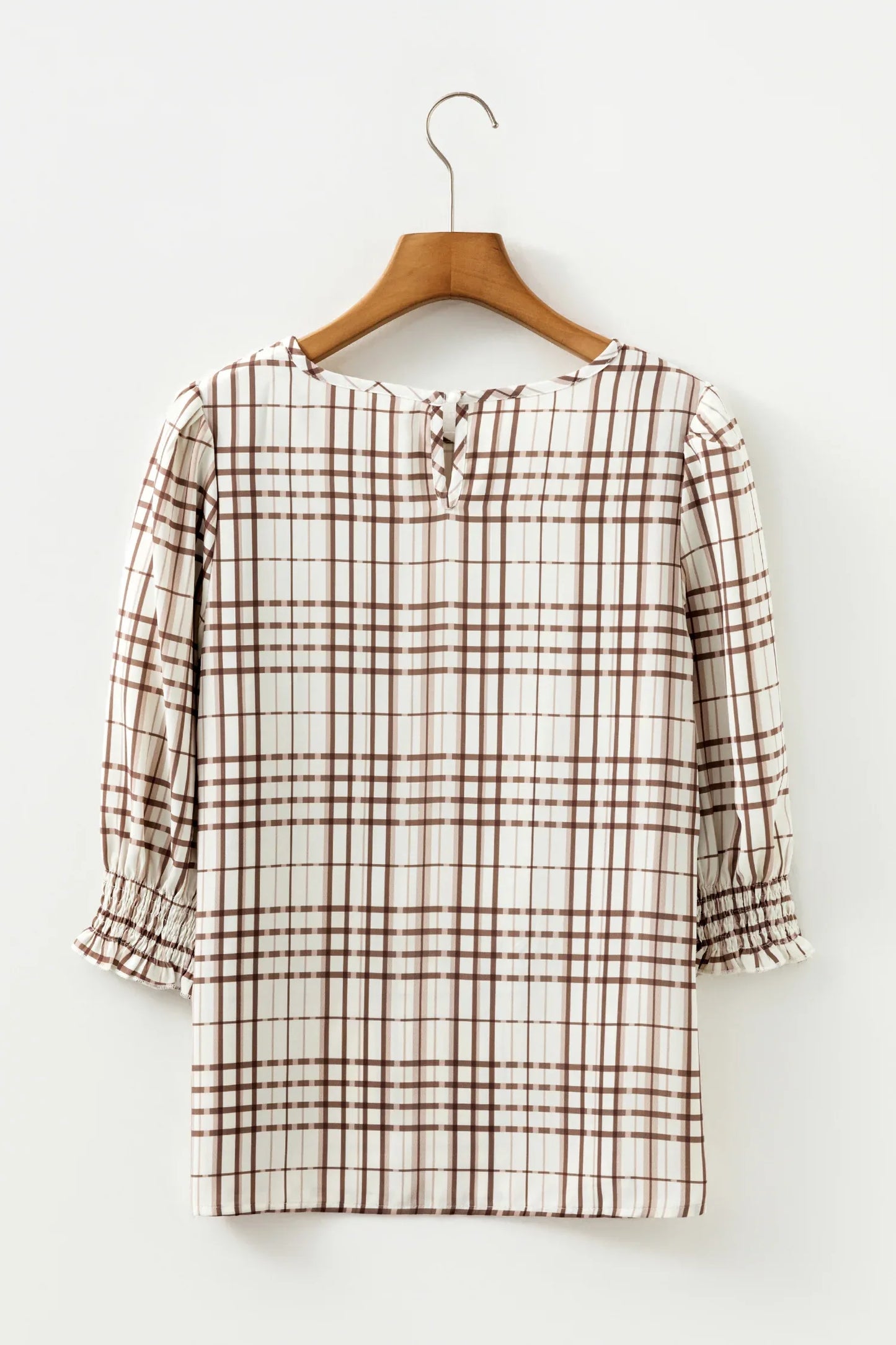 White Plaid Print Frilled Puffy Half Sleeve Blouse - MarkoFit