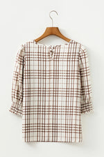 White Plaid Print Frilled Puffy Half Sleeve Blouse - MarkoFit