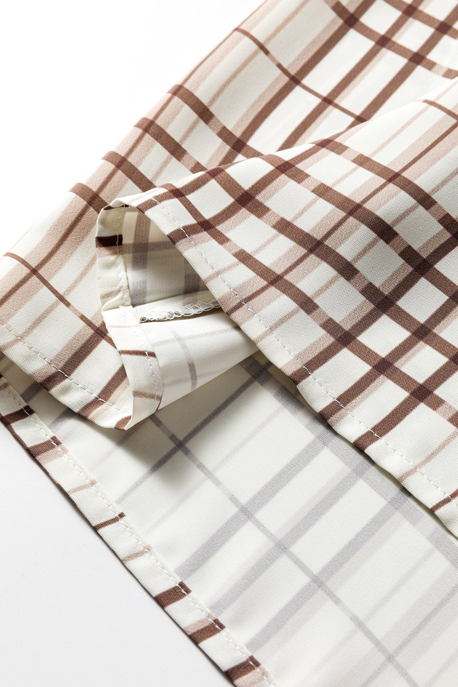 White Plaid Print Frilled Puffy Half Sleeve Blouse - MarkoFit