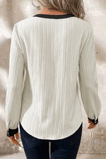 White Textured Colorblock V Neck Elegant Blouse - MarkoFit