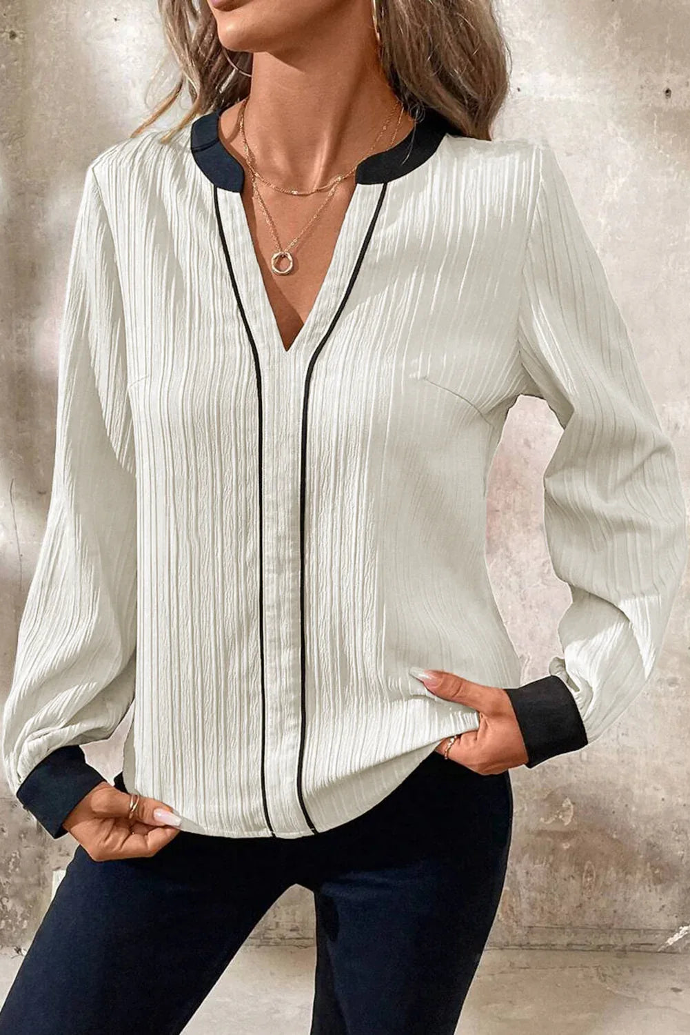 White Textured Colorblock V Neck Elegant Blouse - MarkoFit