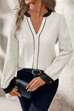White Textured Colorblock V Neck Elegant Blouse - MarkoFit