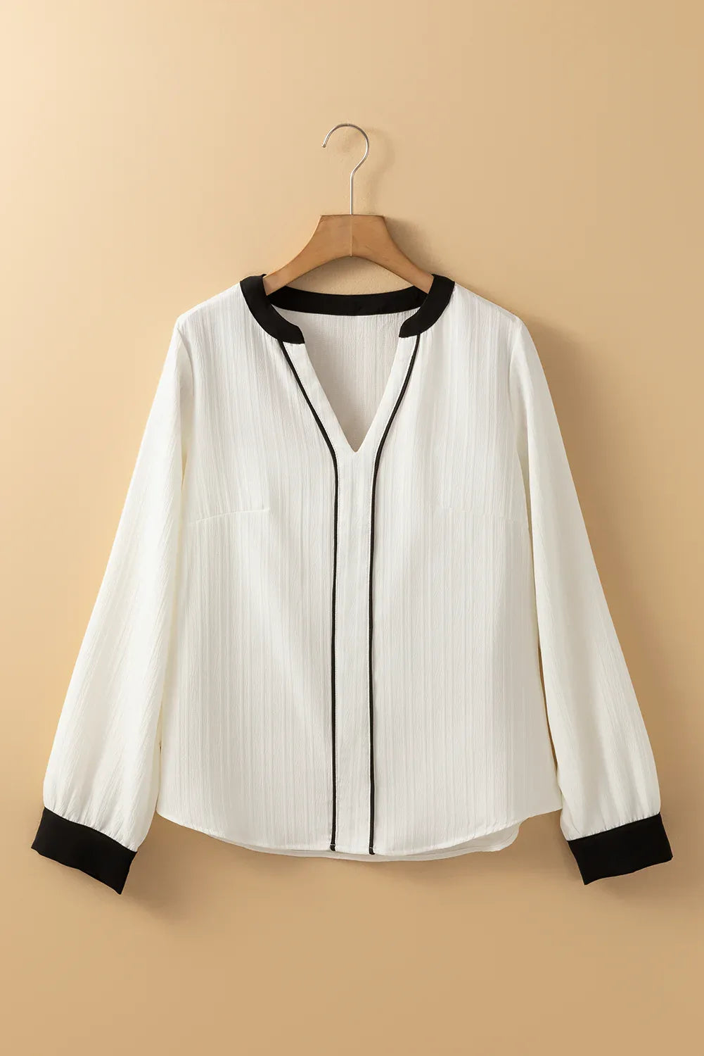 White Textured Colorblock V Neck Elegant Blouse - MarkoFit