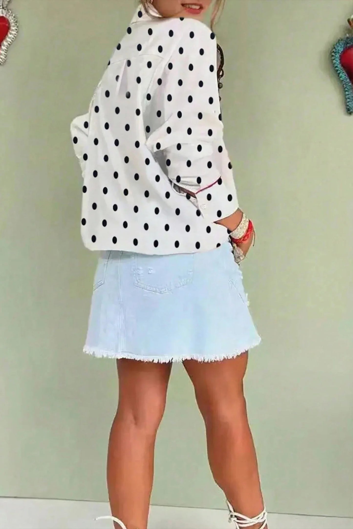 White Polka Dot Print Contrast Piping Elegant Shirt - MarkoFit