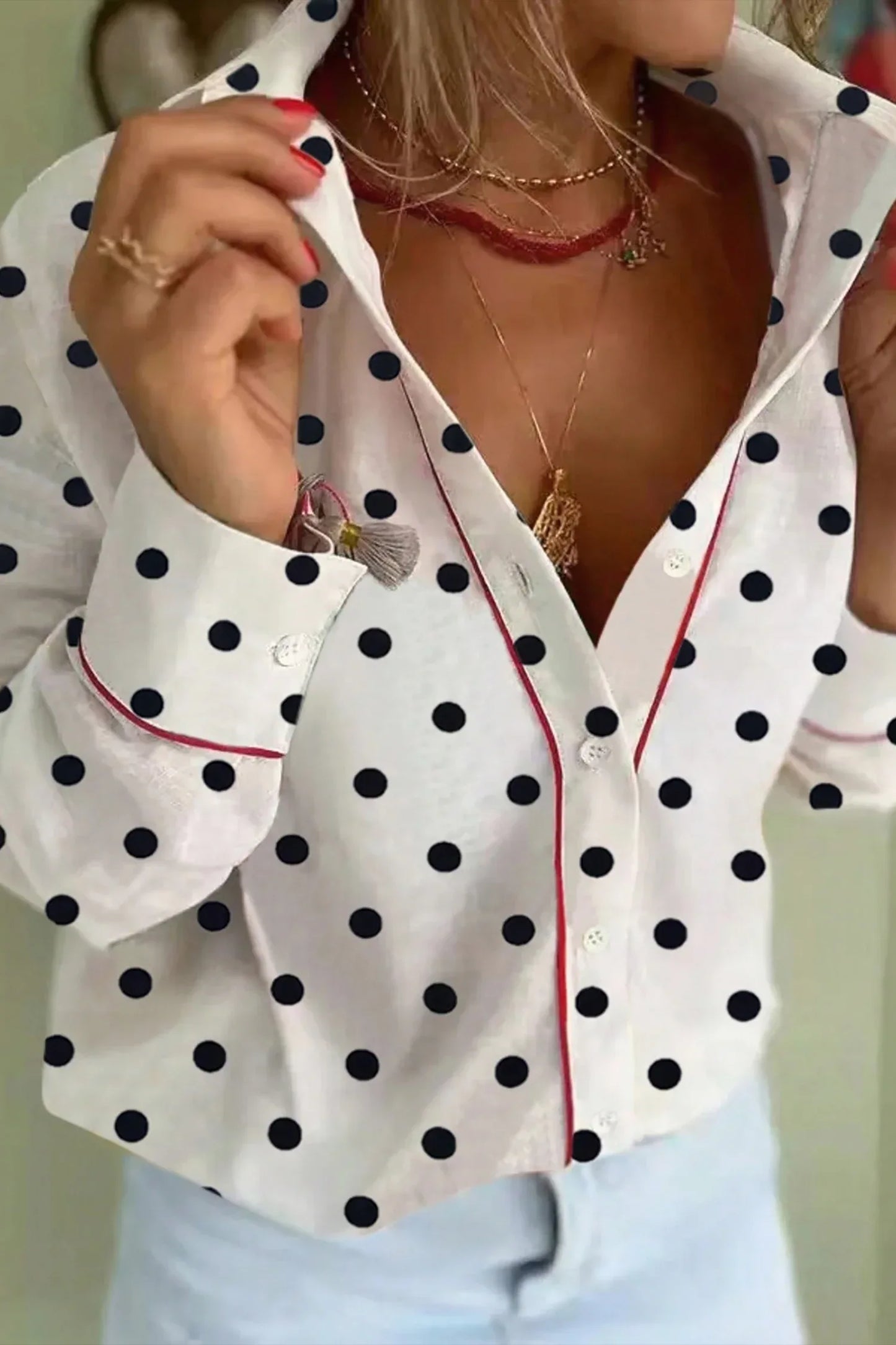 White Polka Dot Print Contrast Piping Elegant Shirt - MarkoFit