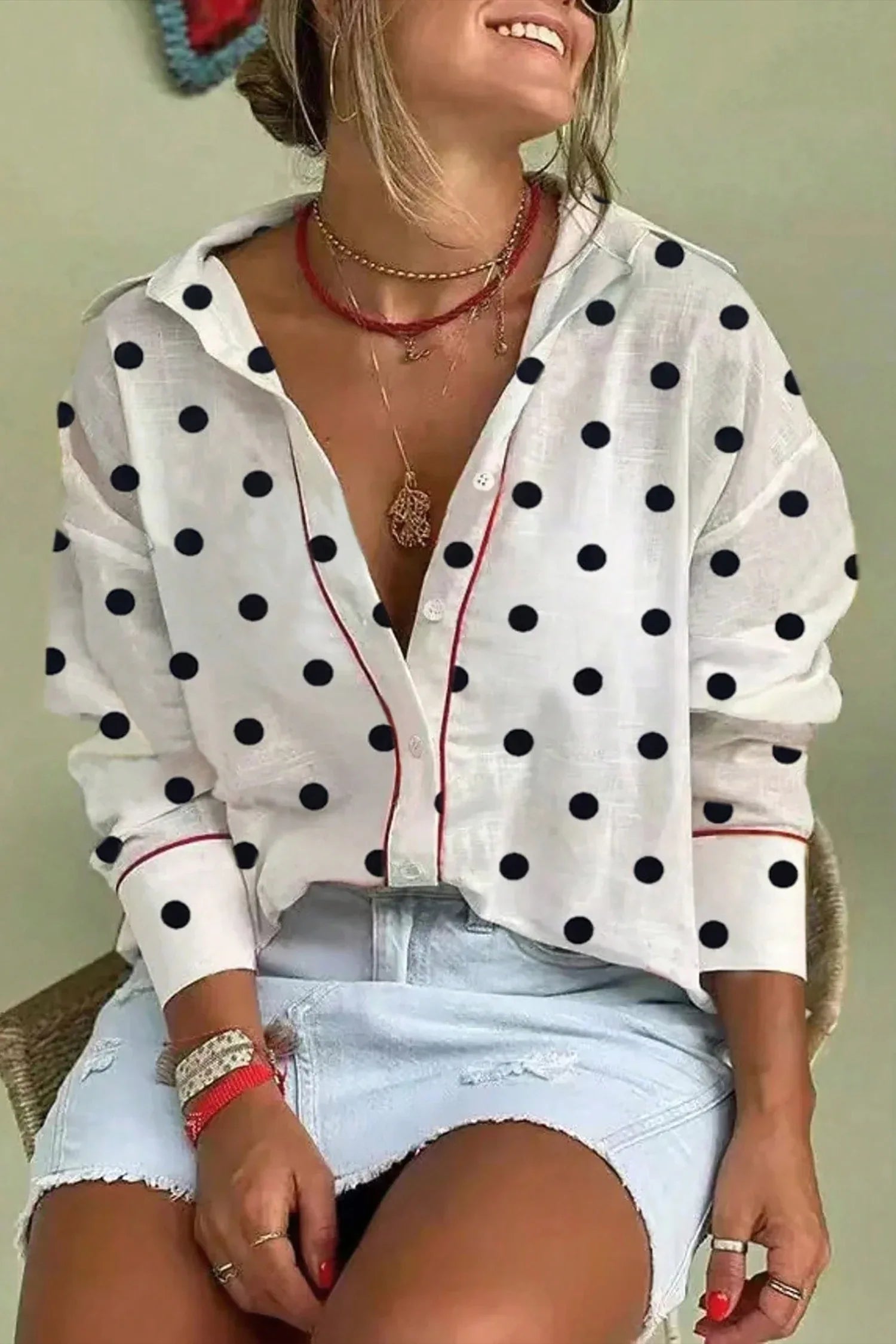 White Polka Dot Print Contrast Piping Elegant Shirt - MarkoFit