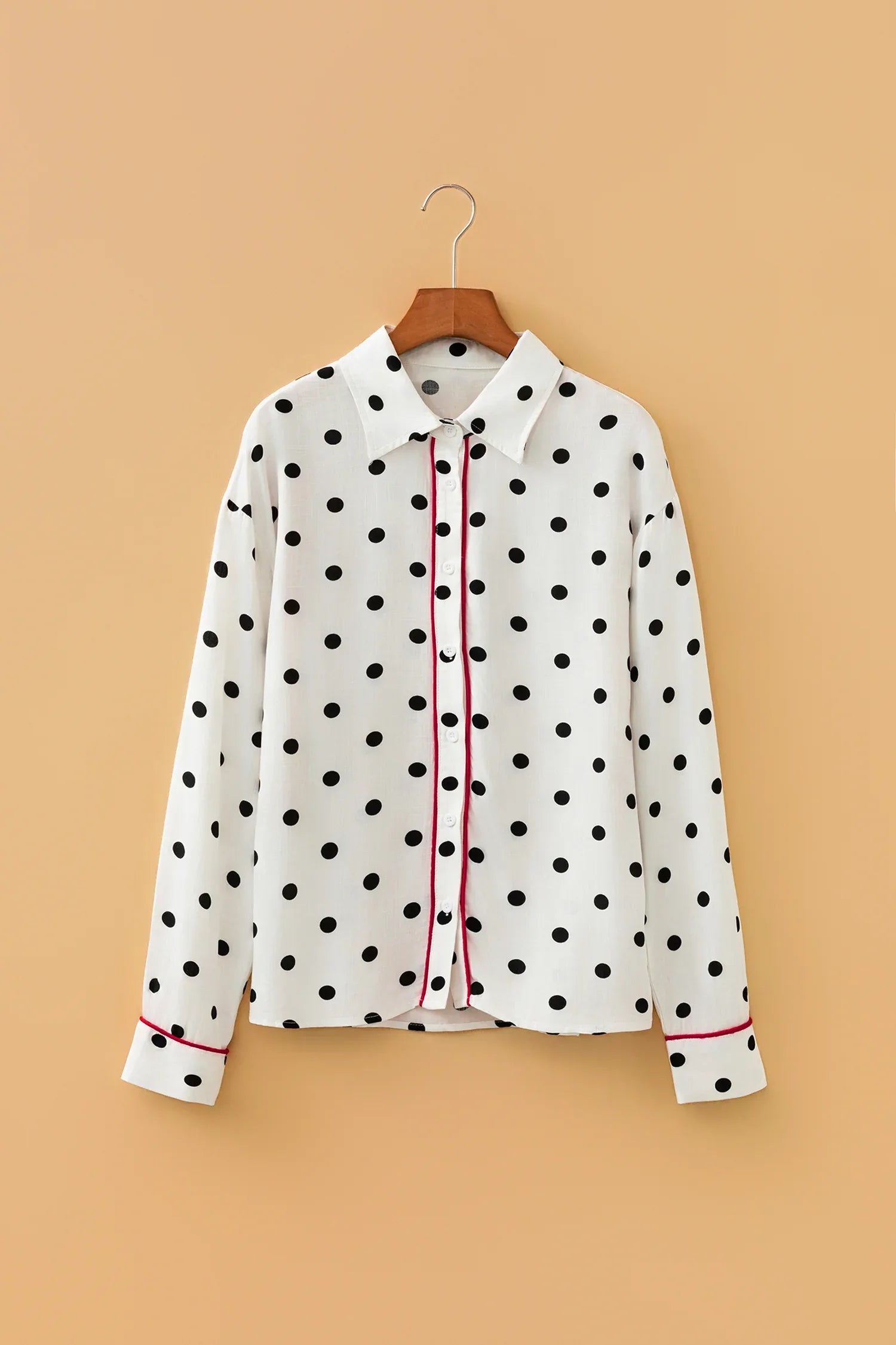 White Polka Dot Print Contrast Piping Elegant Shirt - MarkoFit