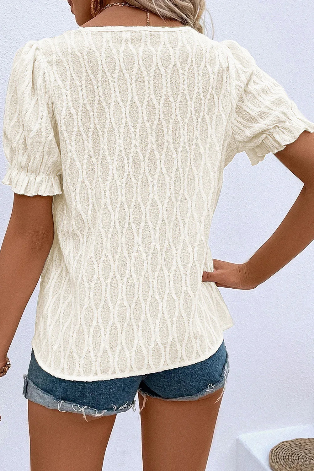 White Solid Color Textured Notched Neck Puff Sleeve Blouse - MarkoFit