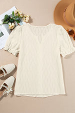 White Solid Color Textured Notched Neck Puff Sleeve Blouse - MarkoFit