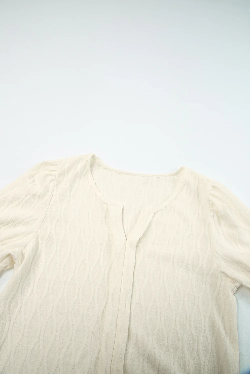 White Solid Color Textured Notched Neck Puff Sleeve Blouse - MarkoFit