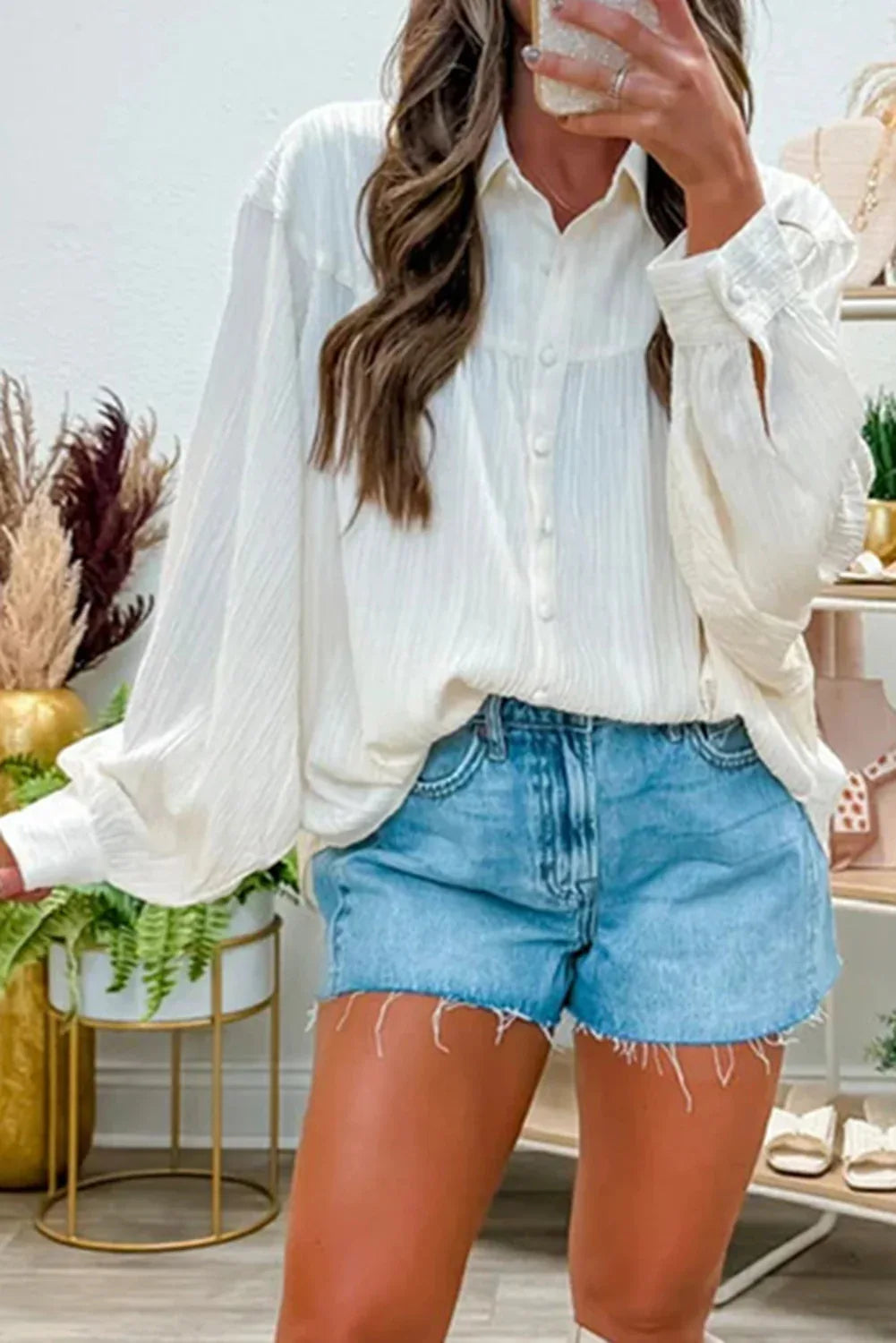 White Crinkled Texture Lantern Sleeve Button Down Loose Shirt - MarkoFit