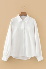 White Crinkled Texture Lantern Sleeve Button Down Loose Shirt - MarkoFit