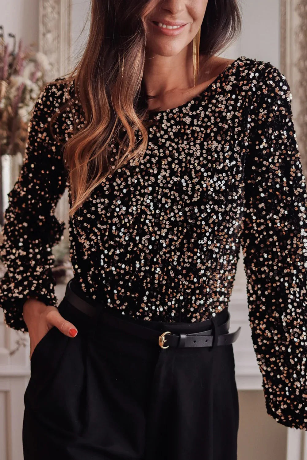 Black Deep V Back Sequin Puff Sleeve Bodysuit - MarkoFit