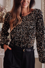 Black Deep V Back Sequin Puff Sleeve Bodysuit - MarkoFit