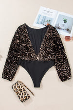 Black Deep V Back Sequin Puff Sleeve Bodysuit - MarkoFit