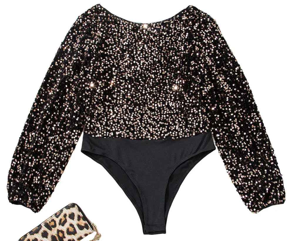 Black Deep V Back Sequin Puff Sleeve Bodysuit - MarkoFit