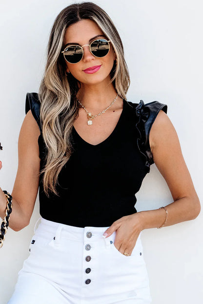 Black Leatherette Ruffle Patchwork Ribbed V Neck Bodysuit - MarkoFit