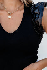 Black Leatherette Ruffle Patchwork Ribbed V Neck Bodysuit - MarkoFit