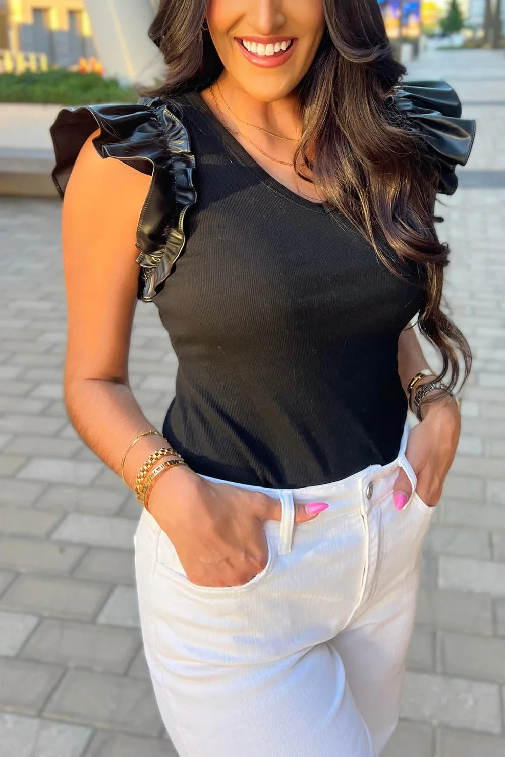 Black Leatherette Ruffle Patchwork Ribbed V Neck Bodysuit - MarkoFit