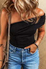 Black Solid Color Pleated One Shoulder Bodysuit - MarkoFit