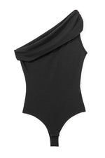 Black Solid Color Pleated One Shoulder Bodysuit - MarkoFit