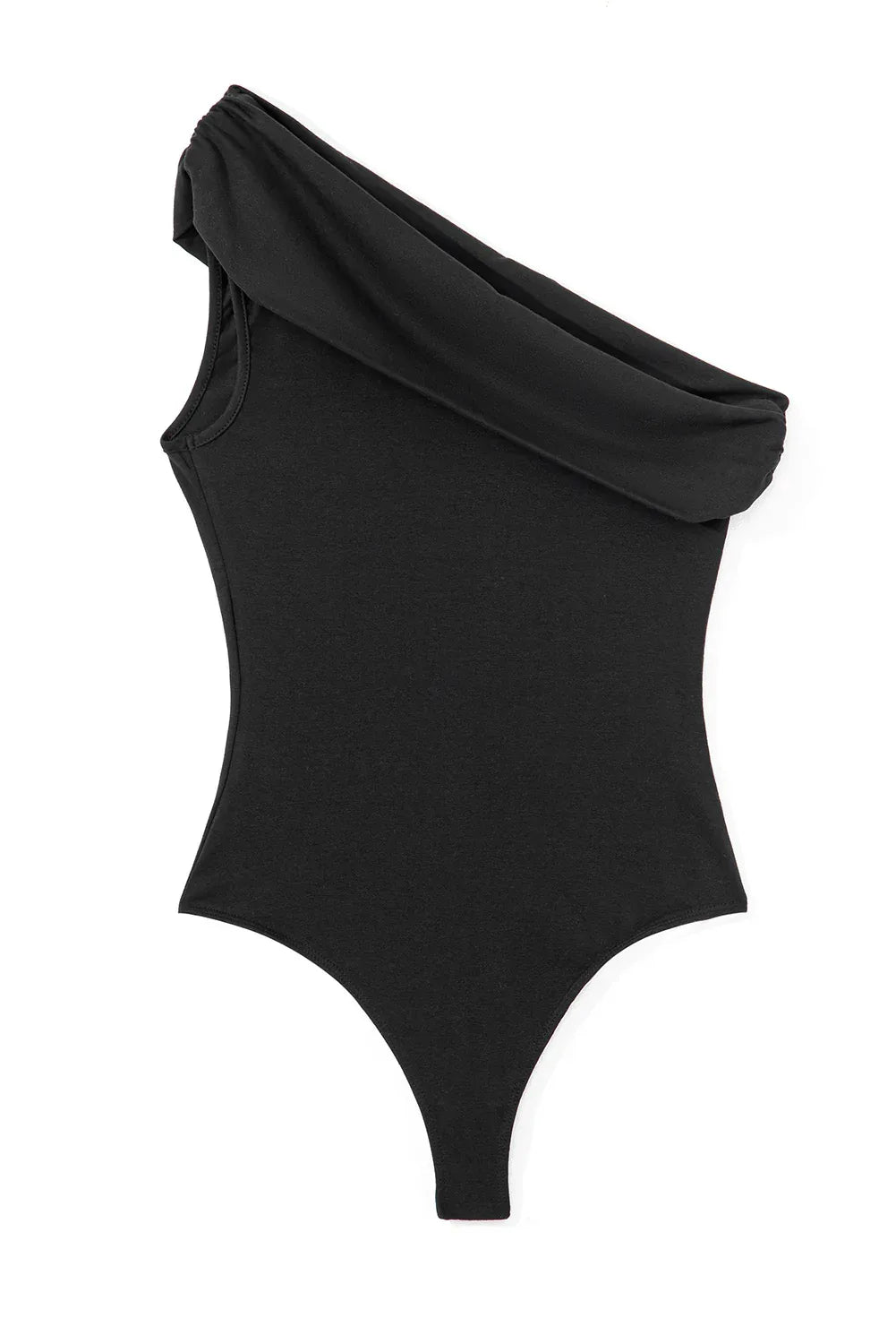 Black Solid Color Pleated One Shoulder Bodysuit - MarkoFit
