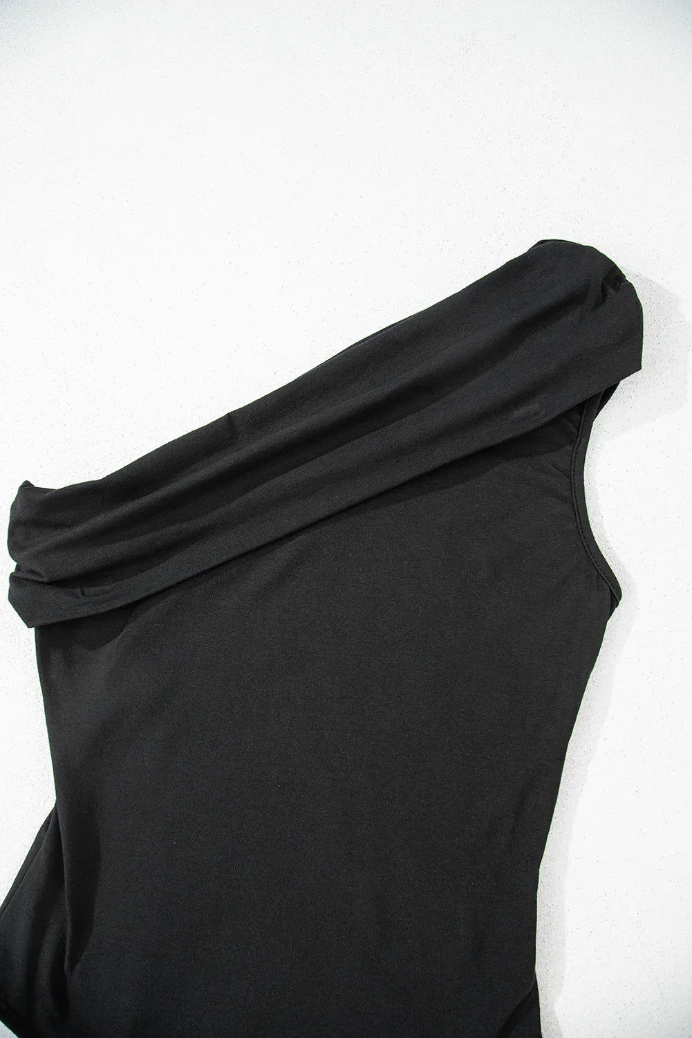 Black Solid Color Pleated One Shoulder Bodysuit - MarkoFit