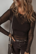 Black Mesh Long Sleeve Slim Fit Bodysuit - MarkoFit