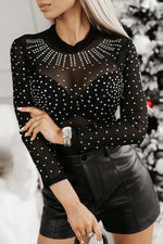 Black Rhinestone Sheer Mesh Long Sleeve Bodysuit - MarkoFit
