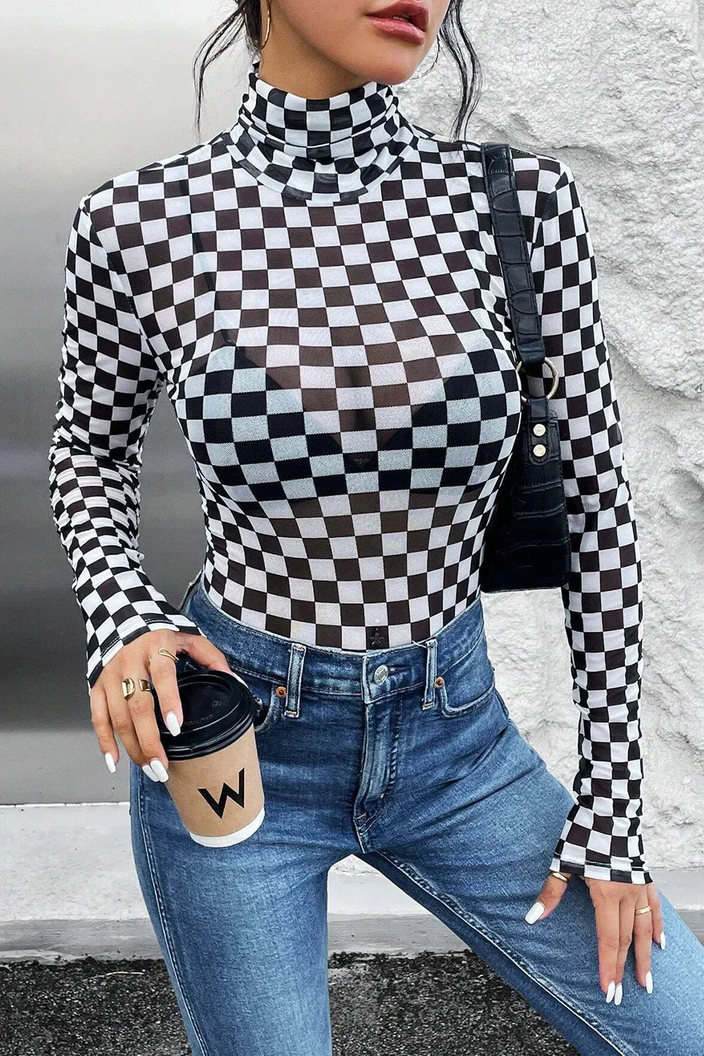 Black Checkered Printed Long Sleeve High Neck Bodysuit - MarkoFit