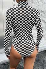 Black Checkered Printed Long Sleeve High Neck Bodysuit - MarkoFit