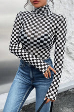 Black Checkered Printed Long Sleeve High Neck Bodysuit - MarkoFit