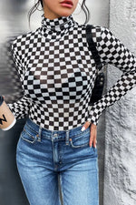 Black Checkered Printed Long Sleeve High Neck Bodysuit - MarkoFit