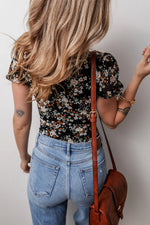 Black Floral Print U Neck Short Puff Sleeve Bodysuit - MarkoFit