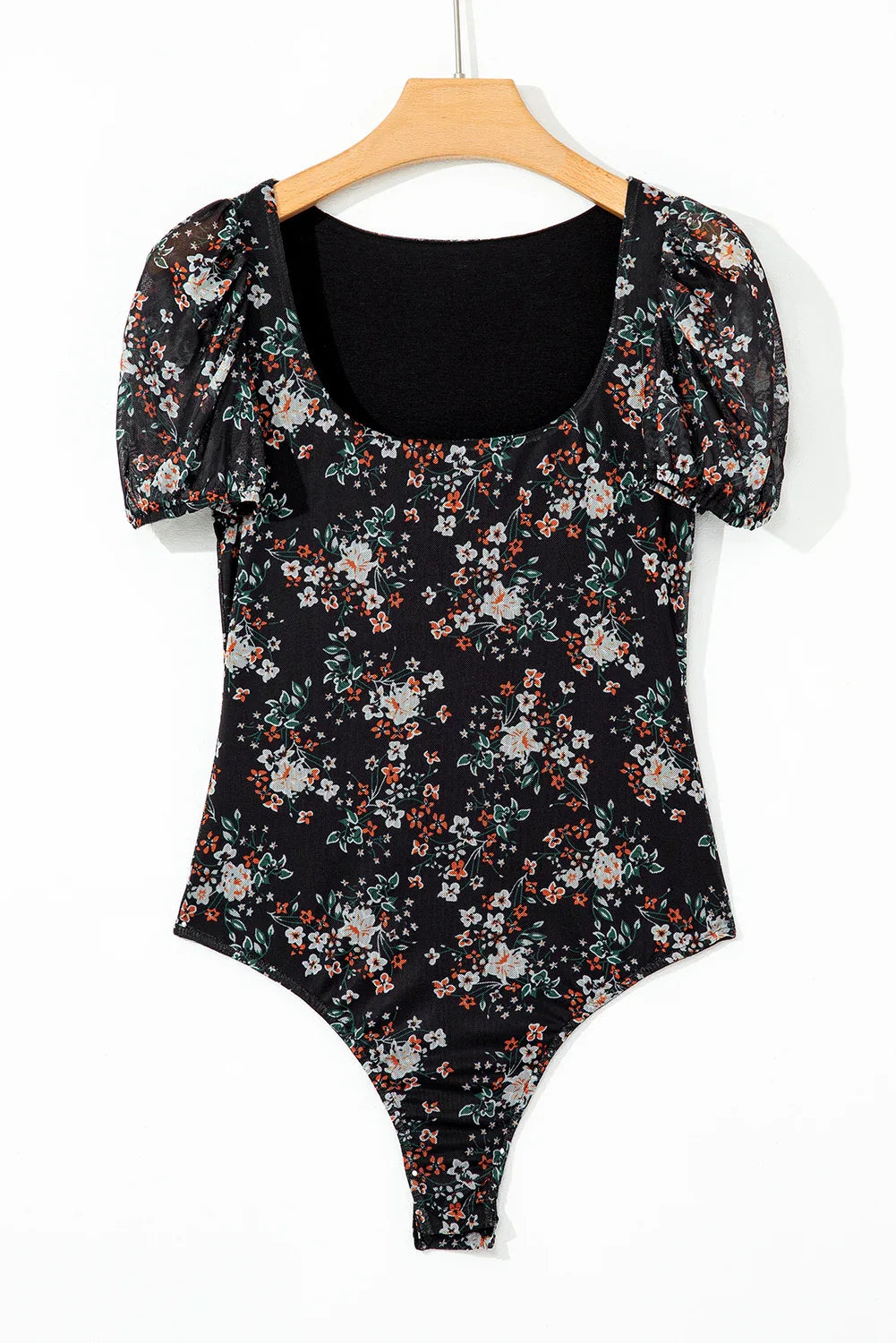 Black Floral Print U Neck Short Puff Sleeve Bodysuit - MarkoFit