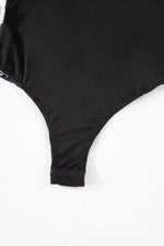 Black Floral Print U Neck Short Puff Sleeve Bodysuit - MarkoFit