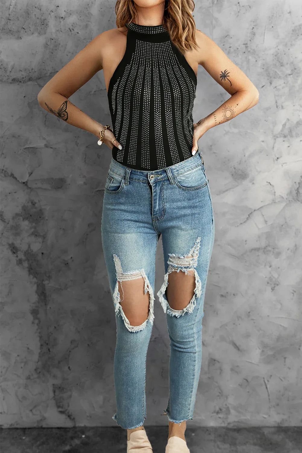 Black High Neck Sleeveless Diamante Bodysuit - MarkoFit