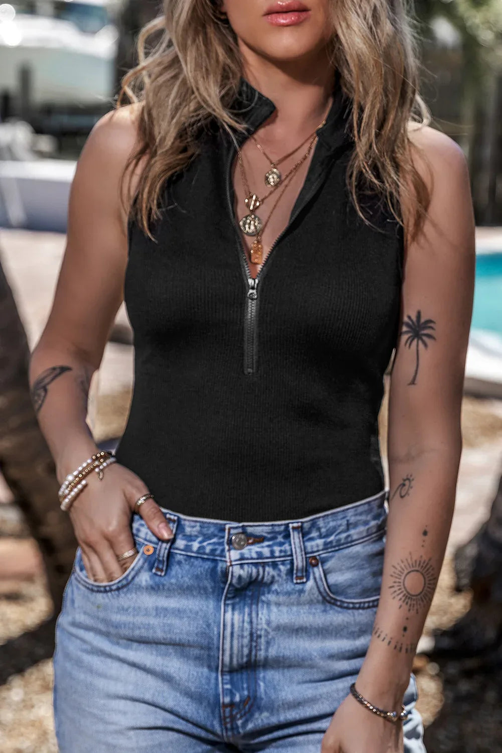 Black Zip up Mock Neck Ribbed Sleeveless Bodysuit - MarkoFit