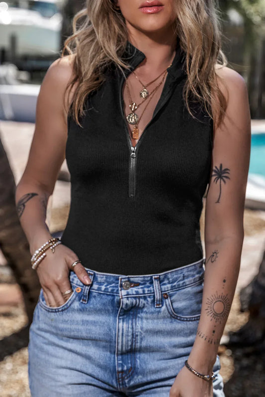 Black Zip up Mock Neck Ribbed Sleeveless Bodysuit - MarkoFit